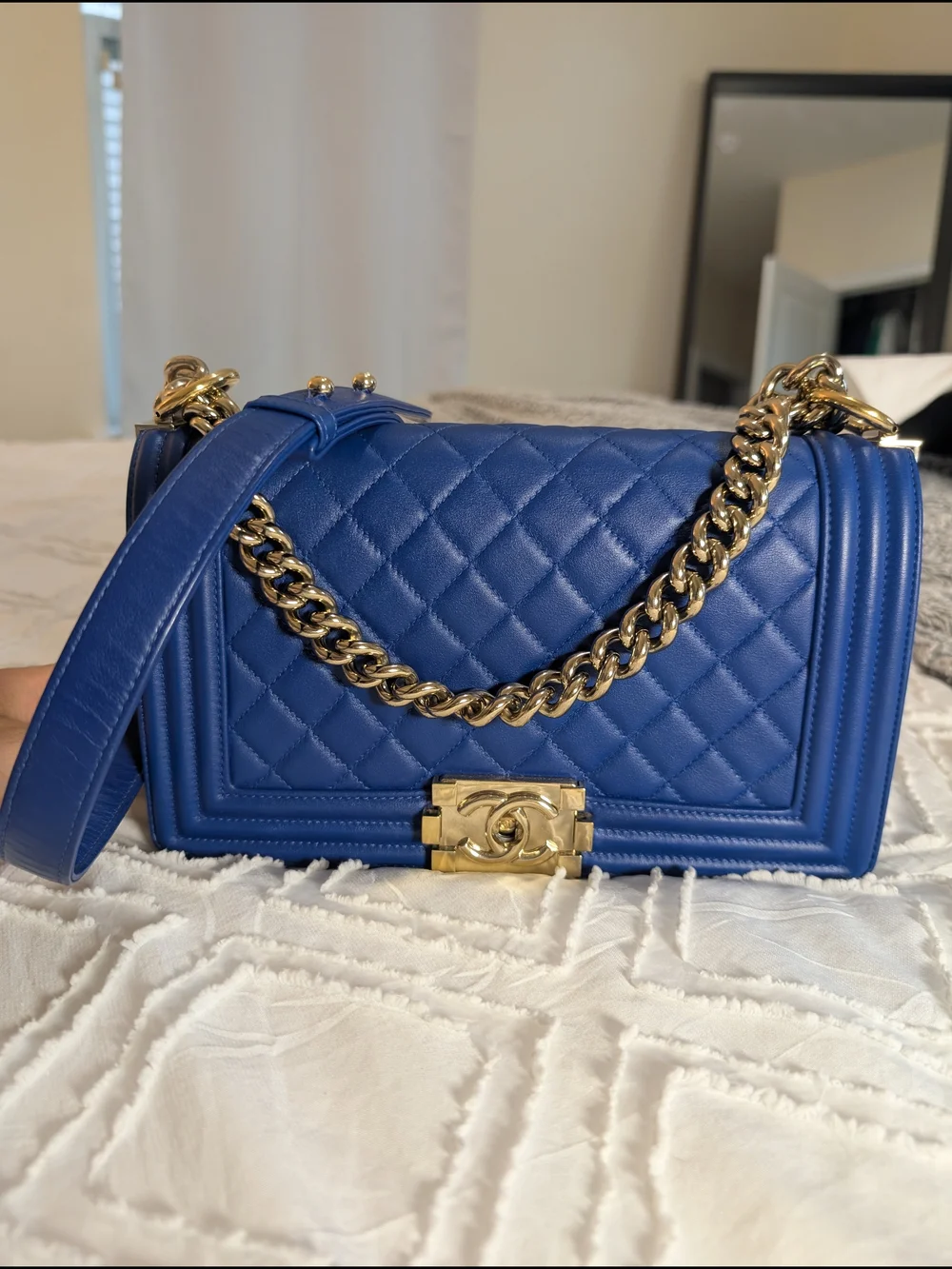 CHANEL Blue Quilted boy Shoulder Bag Gold Hardware Chain Strap CC